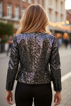 Black Sequined Open Front Cropped Jacket