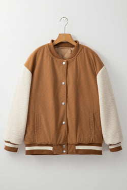 Mist Green Corduroy Fleece Patchwork Buttoned Bomber Jacket