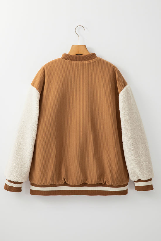 Mist Green Corduroy Fleece Patchwork Buttoned Bomber Jacket