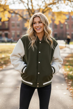 Mist Green Corduroy Fleece Patchwork Buttoned Bomber Jacket