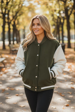 Mist Green Corduroy Fleece Patchwork Buttoned Bomber Jacket