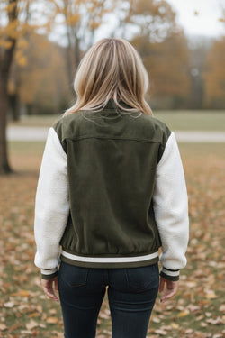 Mist Green Corduroy Fleece Patchwork Buttoned Bomber Jacket