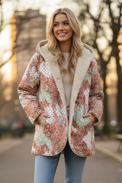 Khaki Vintage Floral Printed Sherpa Lined Hooded Jacket