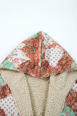 Khaki Vintage Floral Printed Sherpa Lined Hooded Jacket