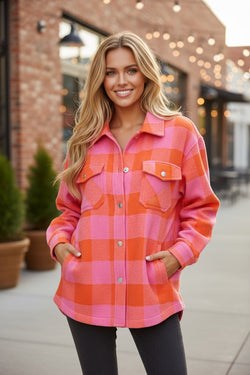 Orange Plaid Chest Pockets Button-up Turn Down Collar Jacket