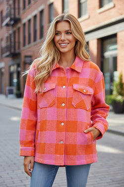 Orange Plaid Chest Pockets Button-up Turn Down Collar Jacket