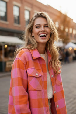 Orange Plaid Chest Pockets Button-up Turn Down Collar Jacket