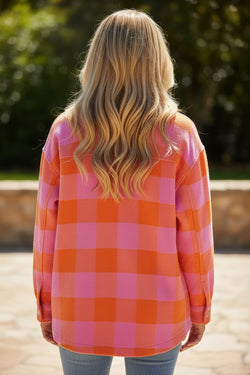 Orange Plaid Chest Pockets Button-up Turn Down Collar Jacket