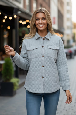 Gray Retro Quilted Flap Pocket Button Shacket