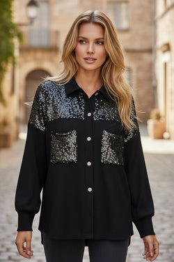 Black Sequin Patch Chest Pocket Corded Shacket