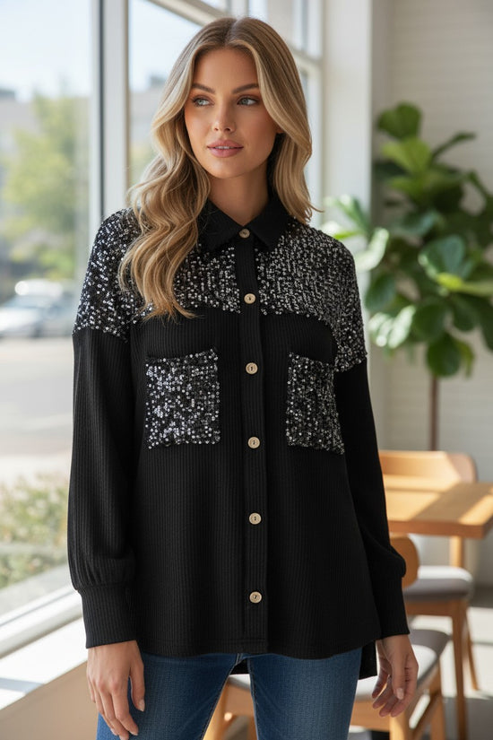 Black Sequin Patch Chest Pocket Corded Shacket