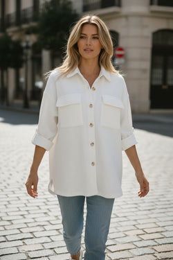 Dark Khaki Solid Color Corduroy Buttoned Long Sleeve Shacket
