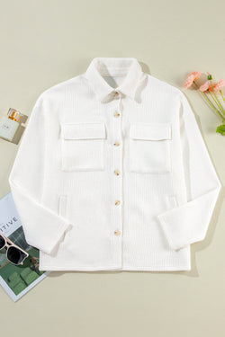 Dark Khaki Solid Color Corduroy Buttoned Long Sleeve Shacket