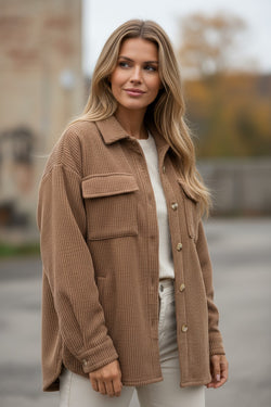 Dark Khaki Solid Color Corduroy Buttoned Long Sleeve Shacket