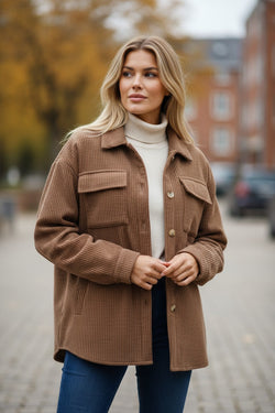 Dark Khaki Solid Color Corduroy Buttoned Long Sleeve Shacket