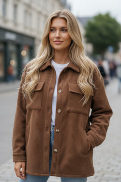Dark Khaki Solid Color Corduroy Buttoned Long Sleeve Shacket