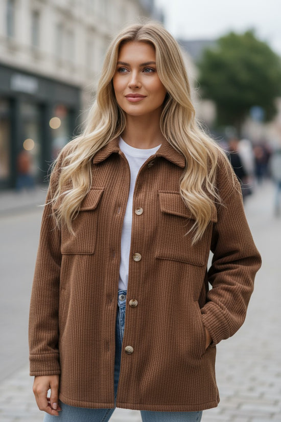 Dark Khaki Solid Color Corduroy Buttoned Long Sleeve Shacket