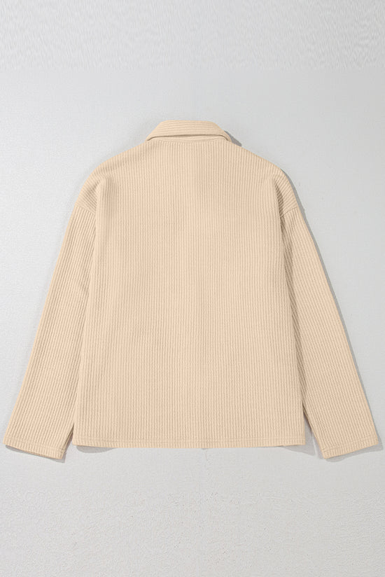 Dark Khaki Solid Color Corduroy Buttoned Long Sleeve Shacket