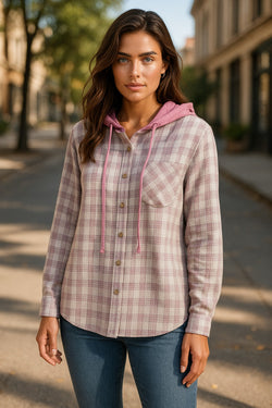 Shacket con cappuccio a scarso a scacchi rosa