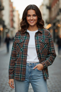 Brown Plaid Print Chest Pockets Buttoned Shirt Jacket