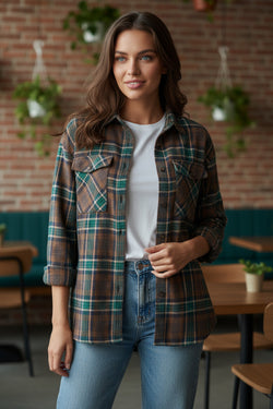 Brown Plaid Print Chest Pockets Buttoned Shirt Jacket