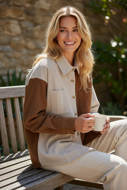 Brown Color Block Chest Pockets Buttoned Corduroy Shacket
