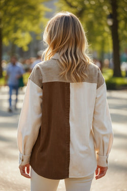 Brown Color Block Chest Pockets Buttoned Corduroy Shacket
