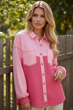 Peach Blossom Two Tone Contrast Waffle Knit Buttoned Loose Shacket