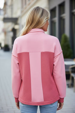 Peach Blossom Two Tone Contrast Waffle Knit Buttoned Loose Shacket