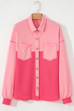Peach Blossom Two Tone Contrast Waffle Knit Buttoned Loose Shacket
