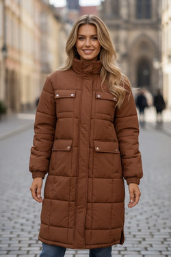 Coffee Quilted Puffer Stand Neck Zipped Mid-length Coat