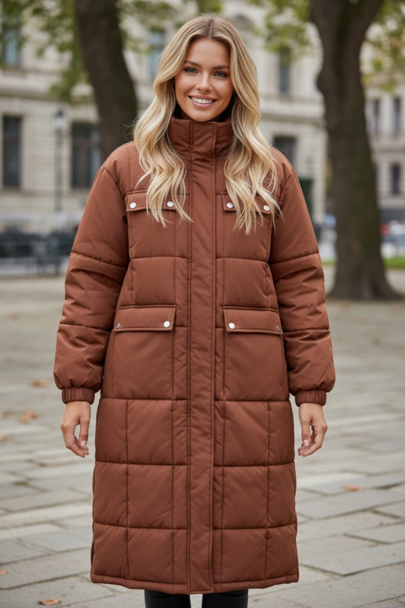 Coffee Quilted Puffer Stand Neck Zipped Mid-length Coat