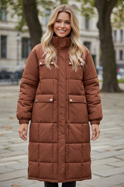 Coffee Quilted Puffer Stand Neck Zipped Mid-length Coat