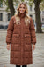 Coffee Quilted Puffer Stand Neck Zipped Mid-length Coat