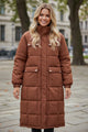 Coffee Quilted Puffer Stand Neck Zipped Mid-length Coat