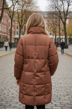 Coffee Quilted Puffer Stand Neck Zipped Mid-length Coat