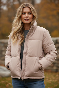 Apricot Pink Full Zipper Quilted Puffer Jacket