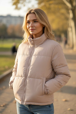 Apricot Pink Full Zipper Quilted Puffer Jacket