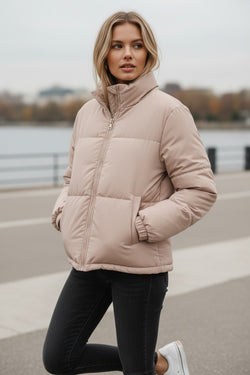 Apricot Pink Full Zipper Quilted Puffer Jacket