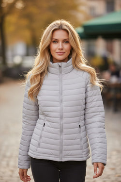 Silvery Solid Color Quilted Zip-up Puffer Jacket