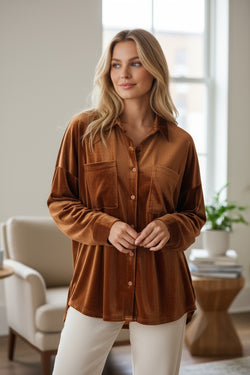 Bright Pink Plus Size Velvet Chest Pocket Drop Shoulder Shirt
