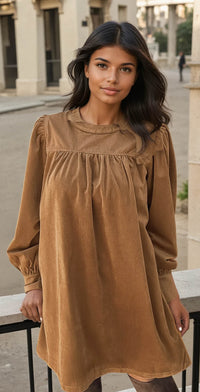 Desert Gold Corduroy Pleated Puff Sleeve Shift Short Dress *