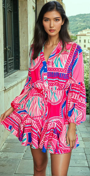 Rose Boho Abstract Impreso Manga de hojaldre cintura con cordón Mini Vestido * Vestido *