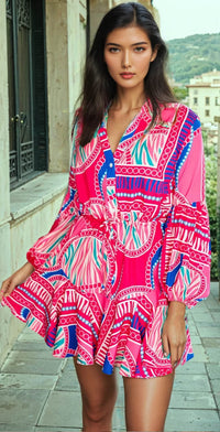 Rose Boho Abstract Impreso Manga de hojaldre cintura con cordón Mini Vestido * Vestido *