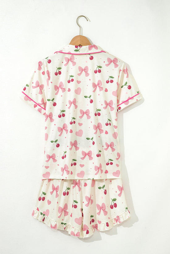 Floral Print Contrast Pipping Short Pajamas Set