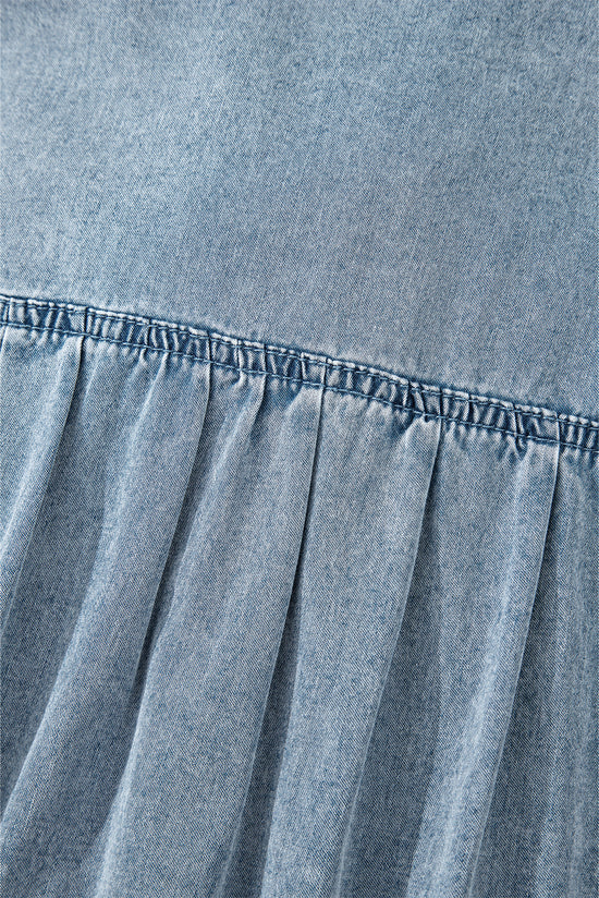 Beau Blue Bowknot Neck sin mangas con volantes Vestido de chambray