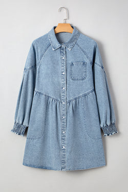 Beau Blue Smocked Cuffs Camisa jeans larga minivestido