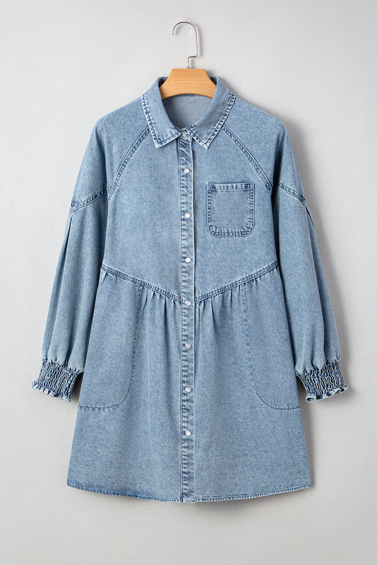 Mini abito in camicia di jeans svasata con polsini smock blu Beau