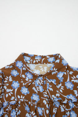 Brown Floral Print Ruffled Detail Shirt Collar Button Down Long Sleeve Dress