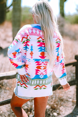 Maglione bianco azziciantato con stampa aztec di grandi dimensioni